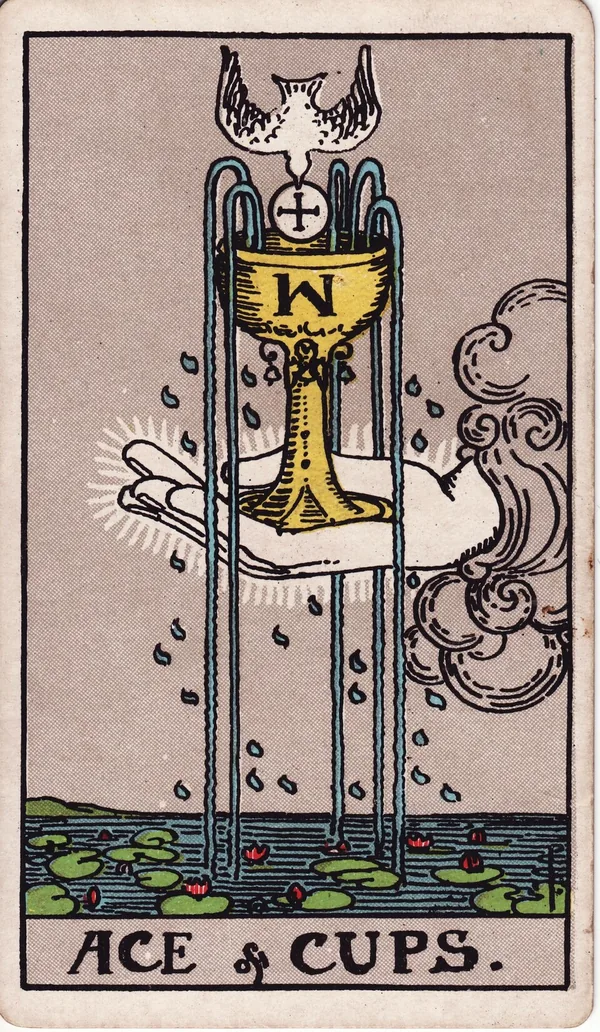 Ace of Cups tarot card from the classic deck, illustrated by Pamela Colman Smith in 1909