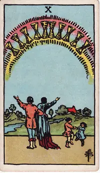 Ten of Cups tarot card from the classic deck, illustrated by Pamela Colman Smith in 1909