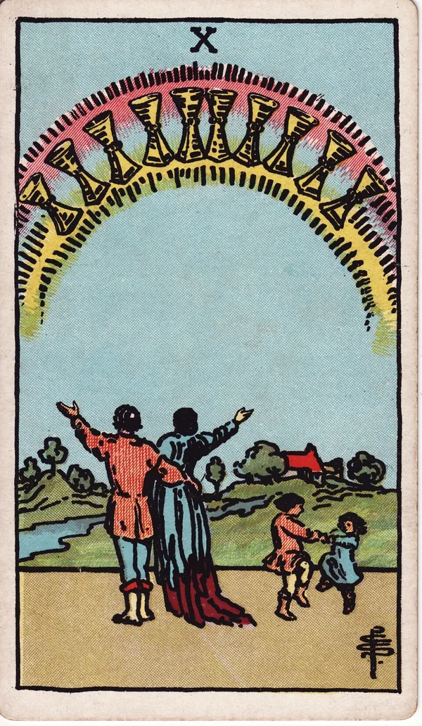 Ten of Cups tarot card from the classic deck, illustrated by Pamela Colman Smith in 1909