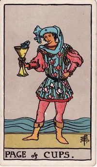 Page of Cups tarot card from the classic deck, illustrated by Pamela Colman Smith in 1909