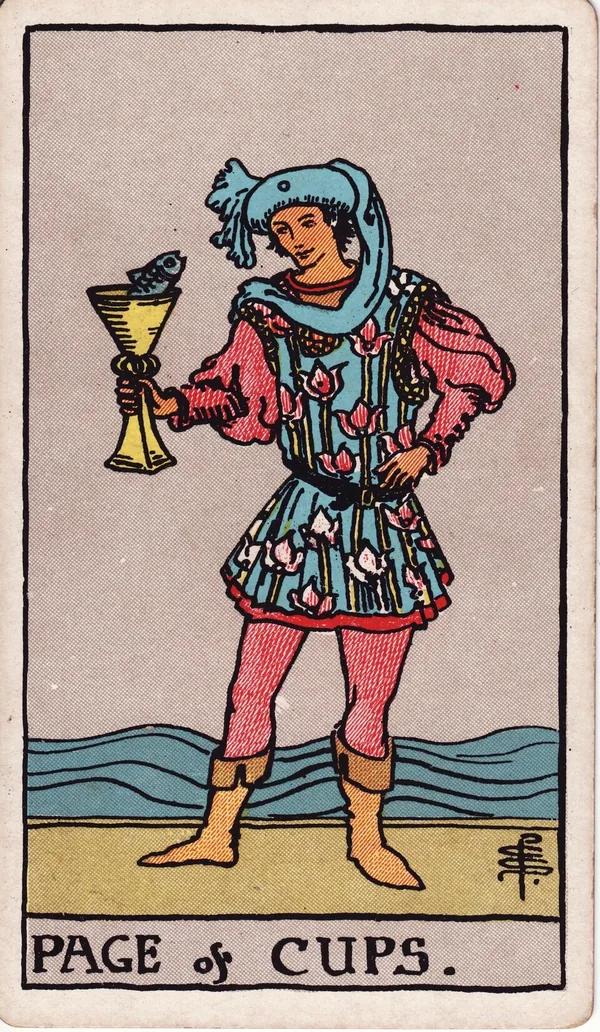Page of Cups tarot card from the classic deck, illustrated by Pamela Colman Smith in 1909