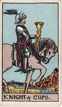 Knight of Cups tarot card from the classic deck, illustrated by Pamela Colman Smith in 1909