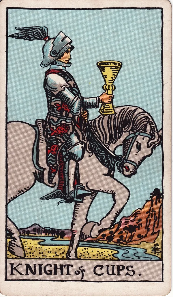 Knight of Cups tarot card from the classic deck, illustrated by Pamela Colman Smith in 1909