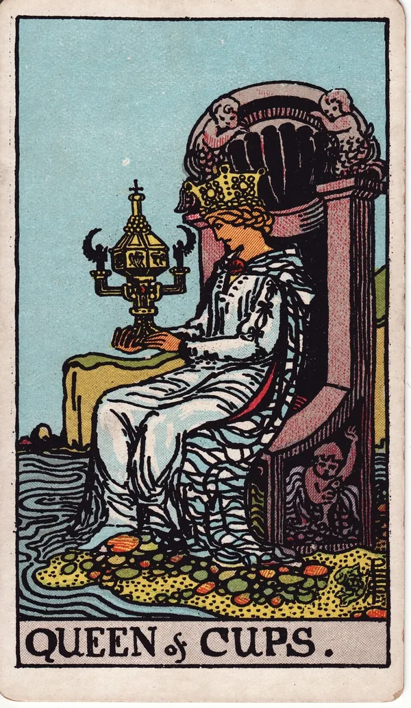 Queen of Cups tarot card from the classic deck, illustrated by Pamela Colman Smith in 1909