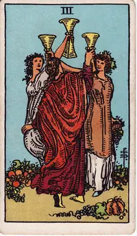 Three of Cups tarot card from the classic deck, illustrated by Pamela Colman Smith in 1909