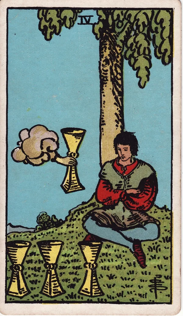 Four of Cups tarot card from the classic deck, illustrated by Pamela Colman Smith in 1909