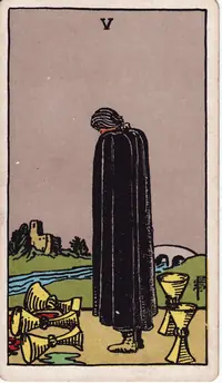 Five of Cups tarot card from the classic deck, illustrated by Pamela Colman Smith in 1909