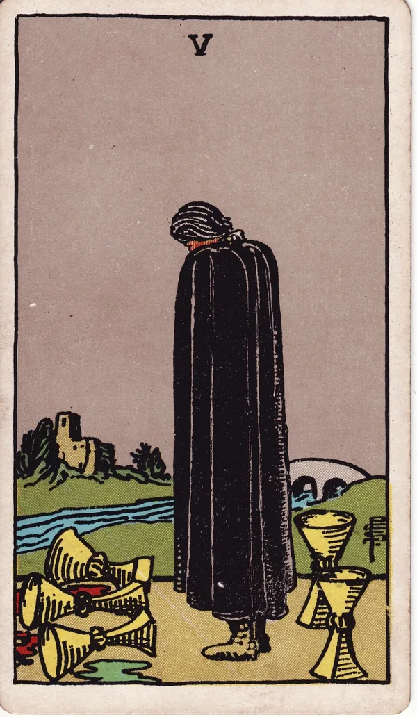 Five of Cups tarot card from the classic deck, illustrated by Pamela Colman Smith in 1909