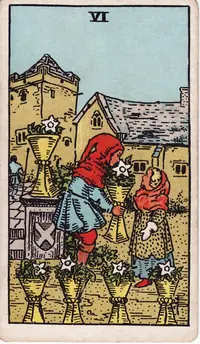 Six of Cups tarot card from the classic deck, illustrated by Pamela Colman Smith in 1909