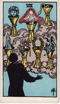 Seven of Cups tarot card from the classic deck, illustrated by Pamela Colman Smith in 1909