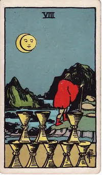 Eight of Cups tarot card from the classic deck, illustrated by Pamela Colman Smith in 1909