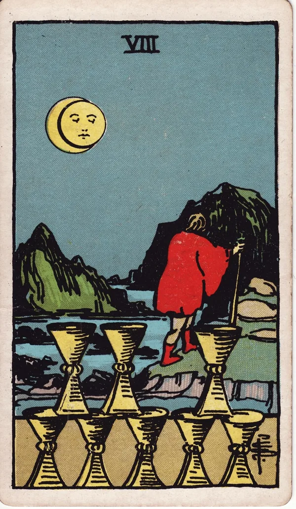 Eight of Cups tarot card from the classic deck, illustrated by Pamela Colman Smith in 1909