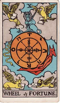 Wheel of Fortune tarot card from the classic deck, illustrated by Pamela Colman Smith in 1909