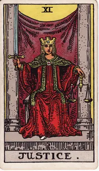 Justice tarot card from the classic deck, illustrated by Pamela Colman Smith in 1909