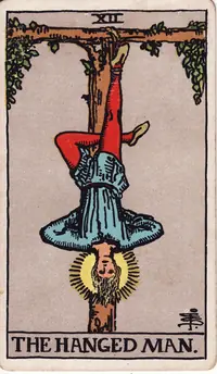 The Hanged Man tarot card from the classic deck, illustrated by Pamela Colman Smith in 1909