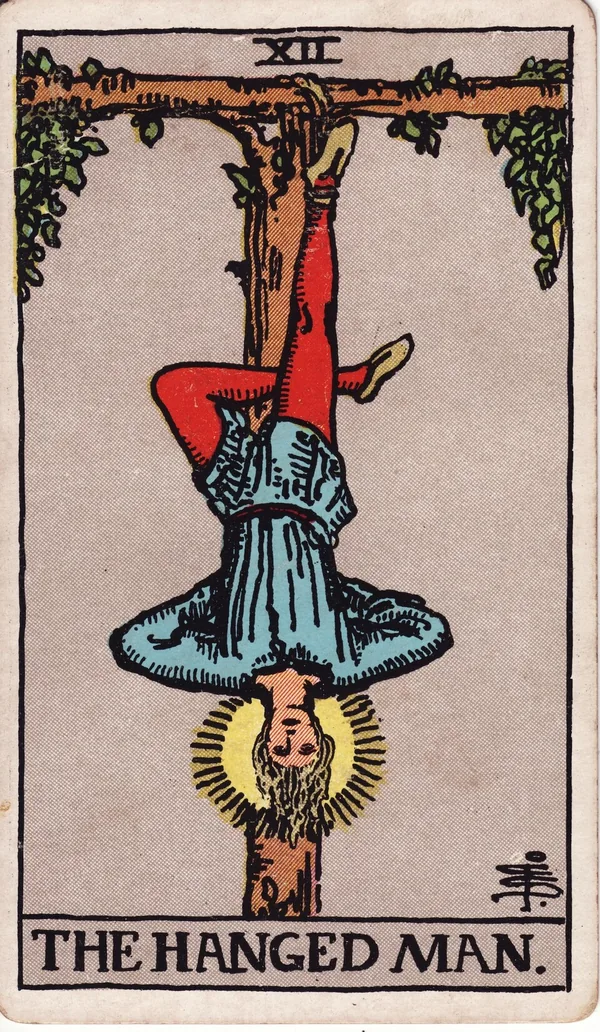 The Hanged Man tarot card from the classic deck, illustrated by Pamela Colman Smith in 1909