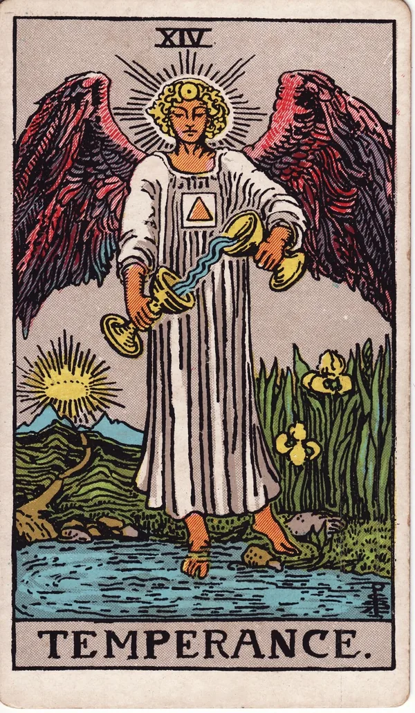 Temperance tarot card from the classic deck, illustrated by Pamela Colman Smith in 1909