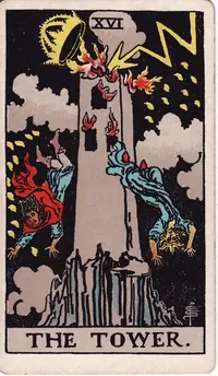 The Tower tarot card from the classic deck, illustrated by Pamela Colman Smith in 1909