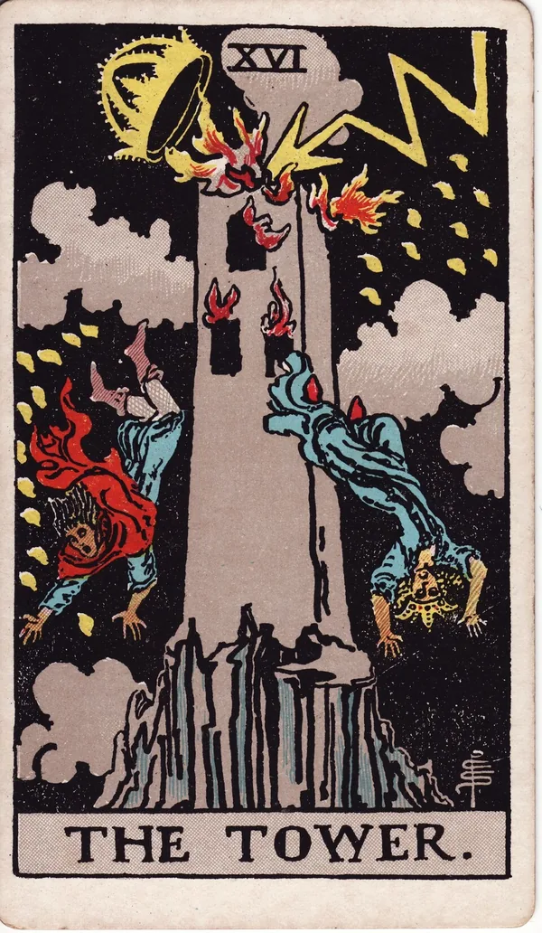 The Tower tarot card from the classic deck, illustrated by Pamela Colman Smith in 1909
