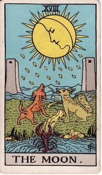 The Moon tarot card from the classic deck, illustrated by Pamela Colman Smith in 1909