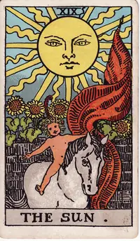 The Sun tarot card from the classic deck, illustrated by Pamela Colman Smith in 1909