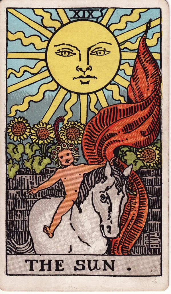 The Sun tarot card from the classic deck, illustrated by Pamela Colman Smith in 1909