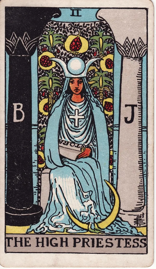 The High Priestess tarot card from the classic deck, illustrated by Pamela Colman Smith in 1909