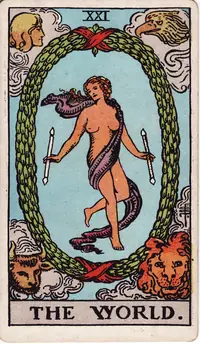 The World tarot card from the classic deck, illustrated by Pamela Colman Smith in 1909