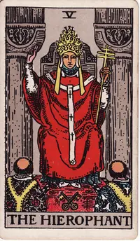 The Hierophant tarot card from the classic deck, illustrated by Pamela Colman Smith in 1909