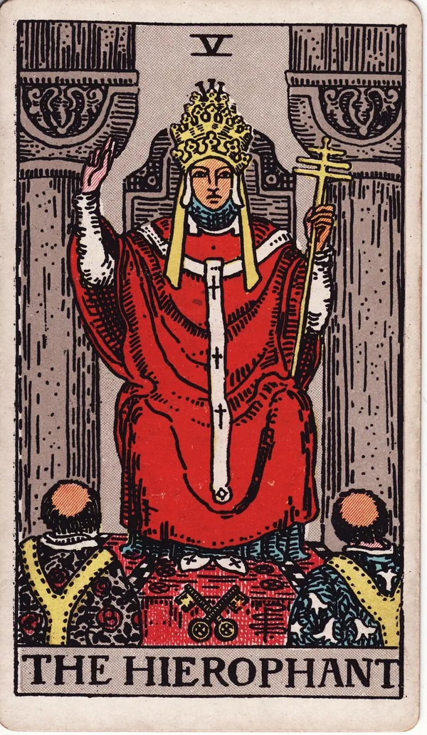 The Hierophant tarot card from the classic deck, illustrated by Pamela Colman Smith in 1909