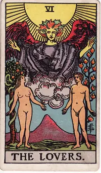 The Lovers tarot card from the classic deck, illustrated by Pamela Colman Smith in 1909