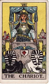 The Chariot tarot card from the classic deck, illustrated by Pamela Colman Smith in 1909