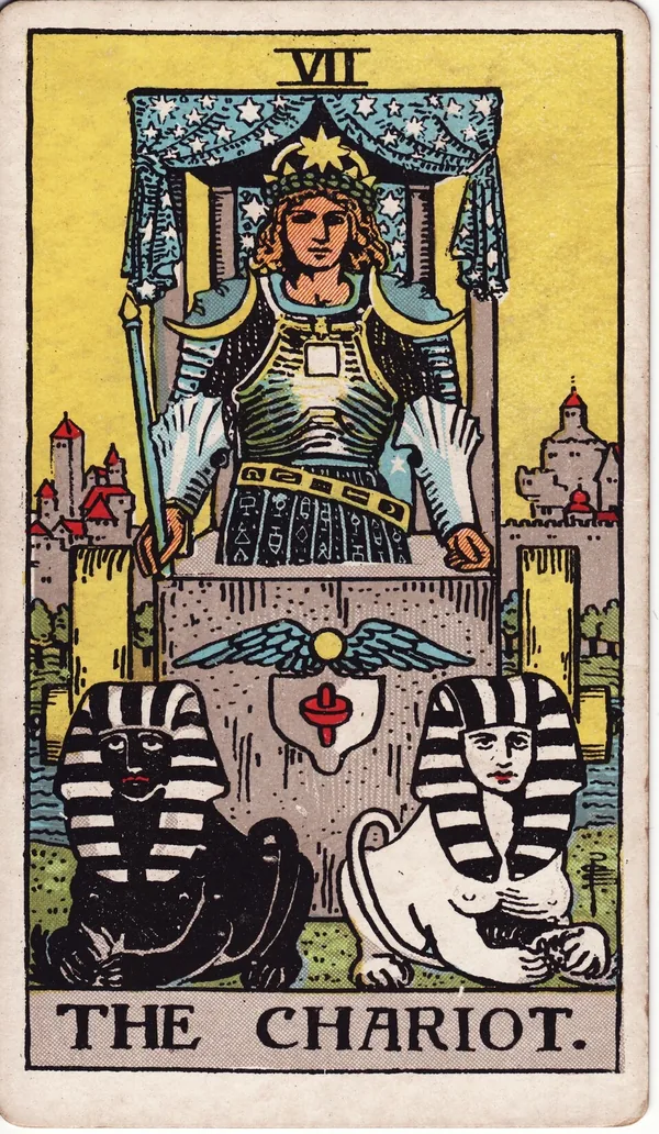 The Chariot tarot card from the classic deck, illustrated by Pamela Colman Smith in 1909