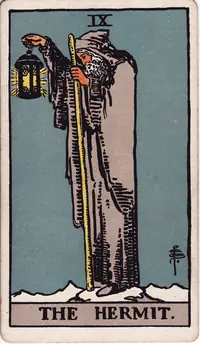 The Hermit tarot card from the classic deck, illustrated by Pamela Colman Smith in 1909