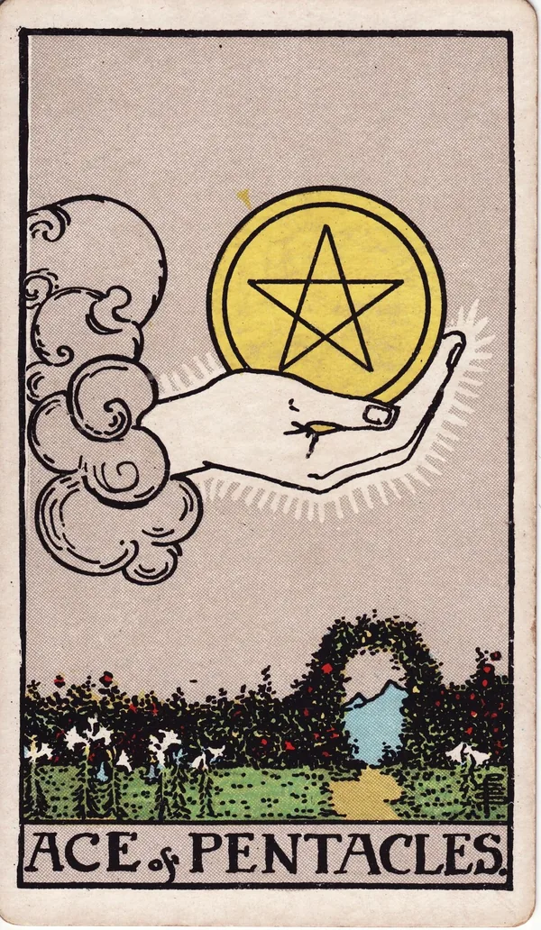 Ace of Pentacles tarot card from the classic deck, illustrated by Pamela Colman Smith in 1909
