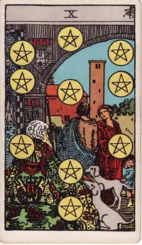 Ten of Pentacles tarot card from the classic deck, illustrated by Pamela Colman Smith in 1909