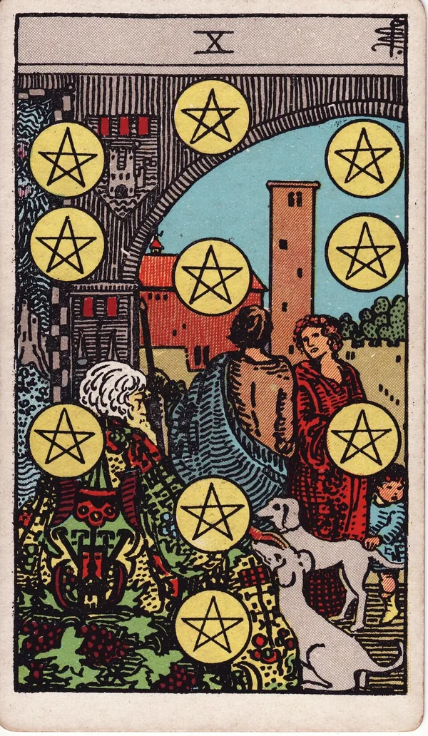 Ten of Pentacles tarot card from the classic deck, illustrated by Pamela Colman Smith in 1909