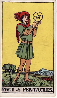 Page of Pentacles tarot card from the classic deck, illustrated by Pamela Colman Smith in 1909