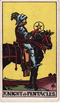 Knight of Pentacles tarot card from the classic deck, illustrated by Pamela Colman Smith in 1909
