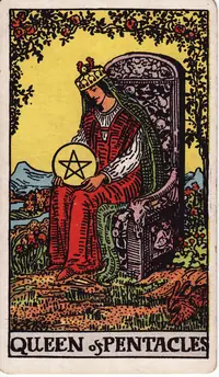 Queen of Pentacles tarot card from the classic deck, illustrated by Pamela Colman Smith in 1909