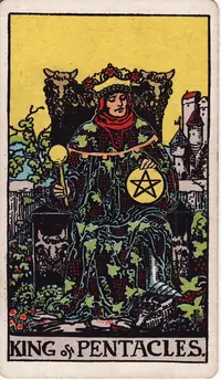 King of Pentacles tarot card from the classic deck, illustrated by Pamela Colman Smith in 1909