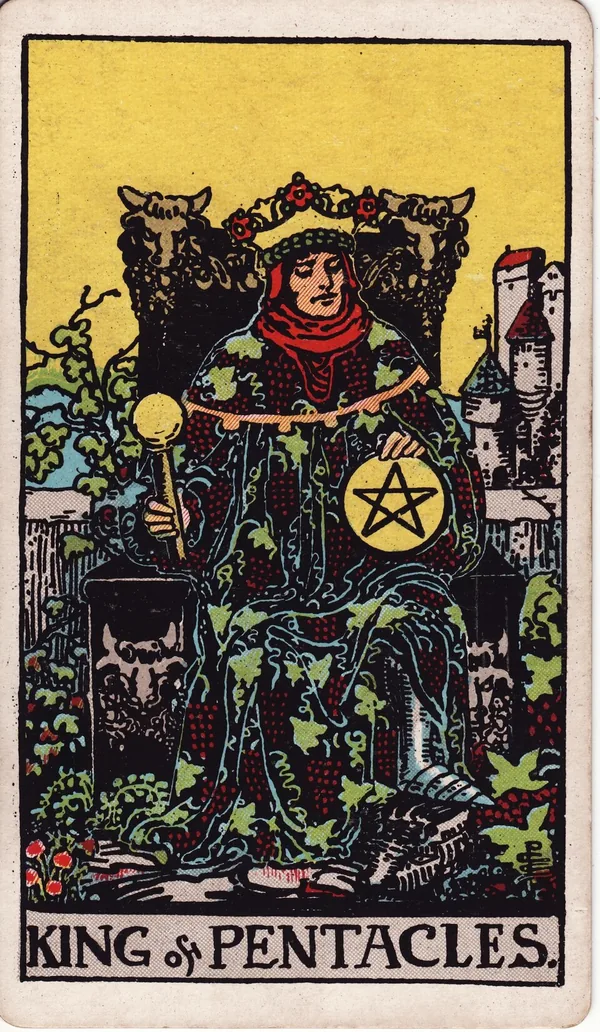 King of Pentacles tarot card from the classic deck, illustrated by Pamela Colman Smith in 1909