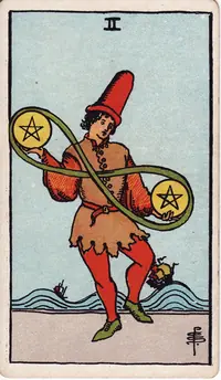 Two of Pentacles tarot card from the classic deck, illustrated by Pamela Colman Smith in 1909
