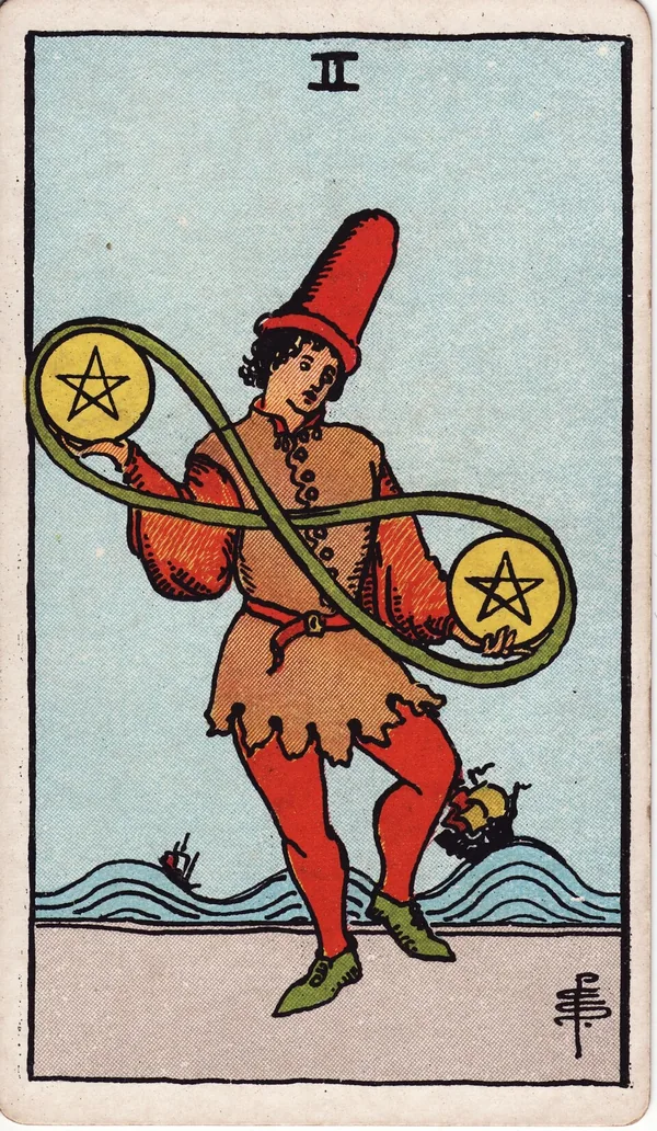 Two of Pentacles tarot card from the classic deck, illustrated by Pamela Colman Smith in 1909