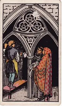 Three of Pentacles tarot card from the classic deck, illustrated by Pamela Colman Smith in 1909