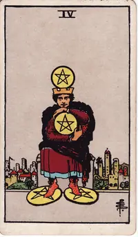 Four of Pentacles tarot card from the classic deck, illustrated by Pamela Colman Smith in 1909