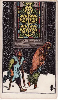 Five of Pentacles tarot card from the classic deck, illustrated by Pamela Colman Smith in 1909