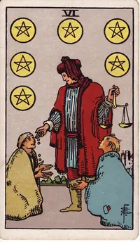 Six of Pentacles tarot card from the classic deck, illustrated by Pamela Colman Smith in 1909