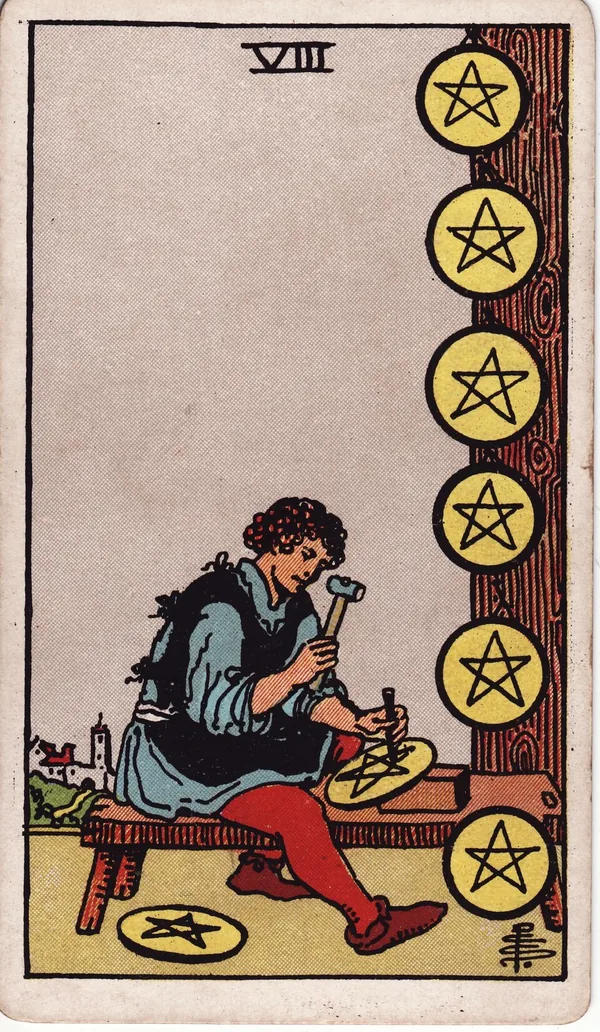 Eight of Pentacles tarot card from the classic deck, illustrated by Pamela Colman Smith in 1909