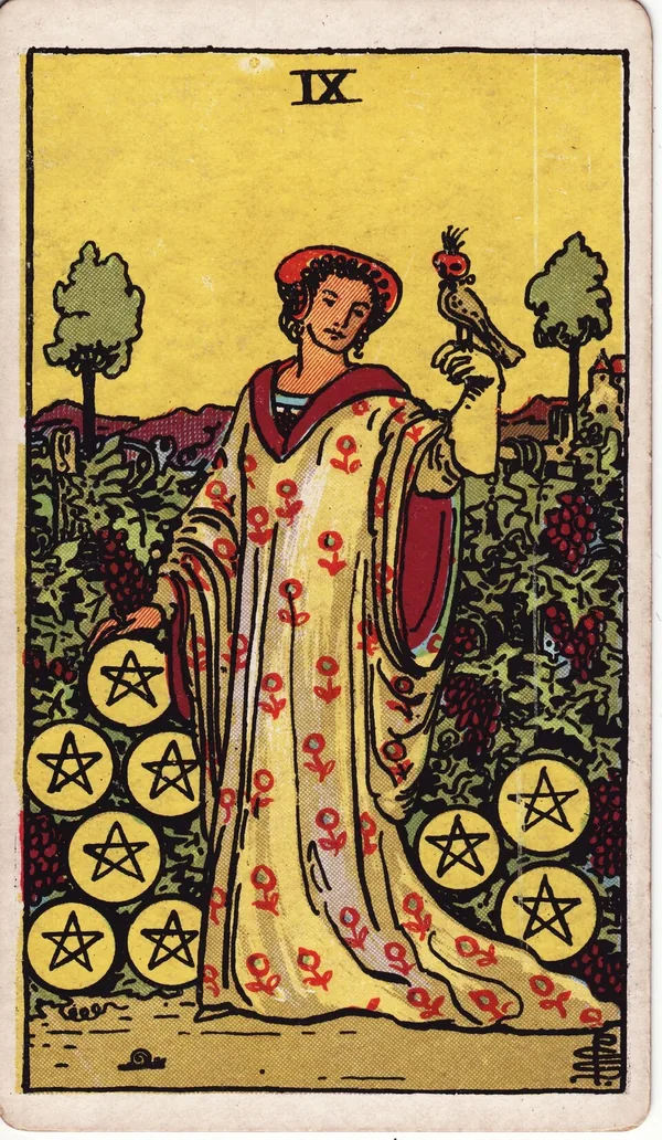 Nine of Pentacles tarot card from the classic deck, illustrated by Pamela Colman Smith in 1909